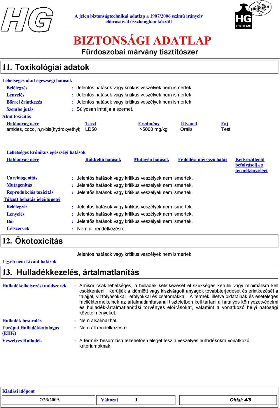 hatások Fejlődési mérgező hatás Kedvezőtlenül befolyásolja a termékenységet Carcinogenitás Mutagenitás Reprodukciós toxicitás Túlzott behatás jelei/tünetei Belélegzés Lenyelés Bőr Célszervek 12.