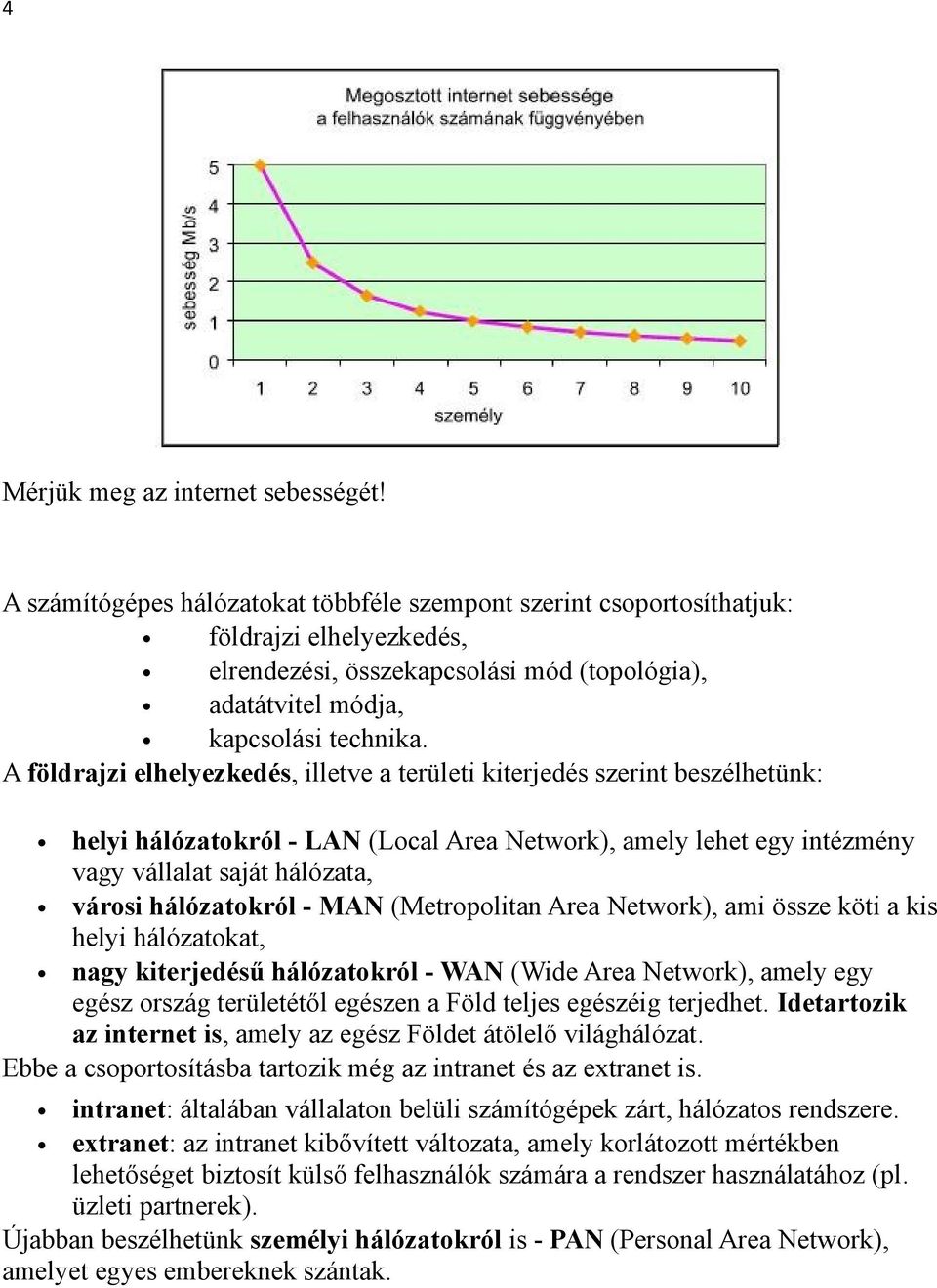 A földrajzi elhelyezkedés, illetve a területi kiterjedés szerint beszélhetünk: helyi hálózatokról - LAN (Local Area Network), amely lehet egy intézmény vagy vállalat saját hálózata, városi