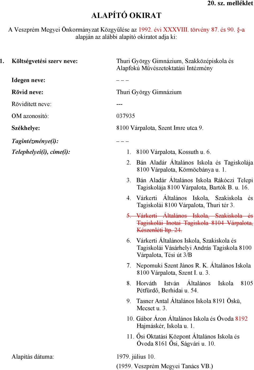 Székhelye: 8100 Várpalota, Szent Imre utca 9. Tagintézménye(i): Telephelyei(i), címe(i): 1. 8100 Várpalota, Kossuth u. 6. Alapítás dátuma: 1979. július 10. 2.