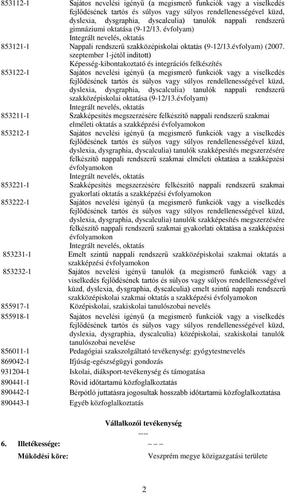 szeptember 1-jétől indított) Képesség-kibontakoztató és integrációs felkészítés 853122-1 Sajátos nevelési igényű (a megismerő funkciók vagy a viselkedés dyslexia, dysgraphia, dyscalculia) tanulók