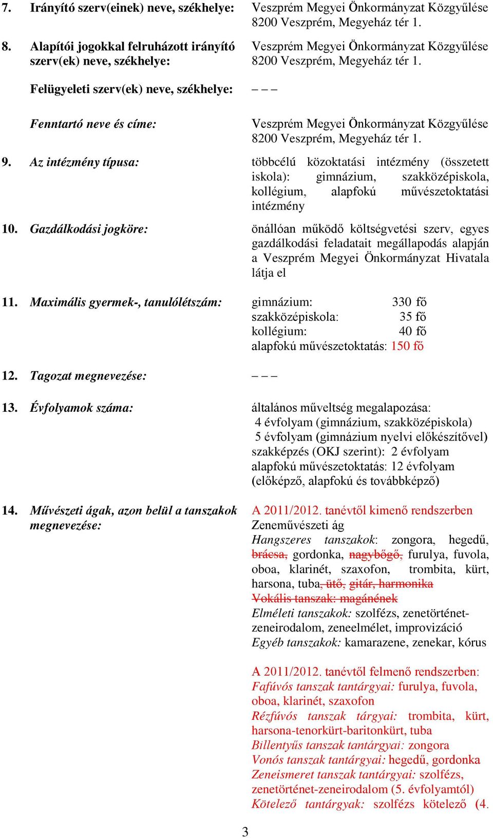 Közgyűlése 9. Az intézmény típusa: többcélú közoktatási intézmény (összetett iskola): gimnázium, szakközépiskola, kollégium, alapfokú művészetoktatási intézmény 10.