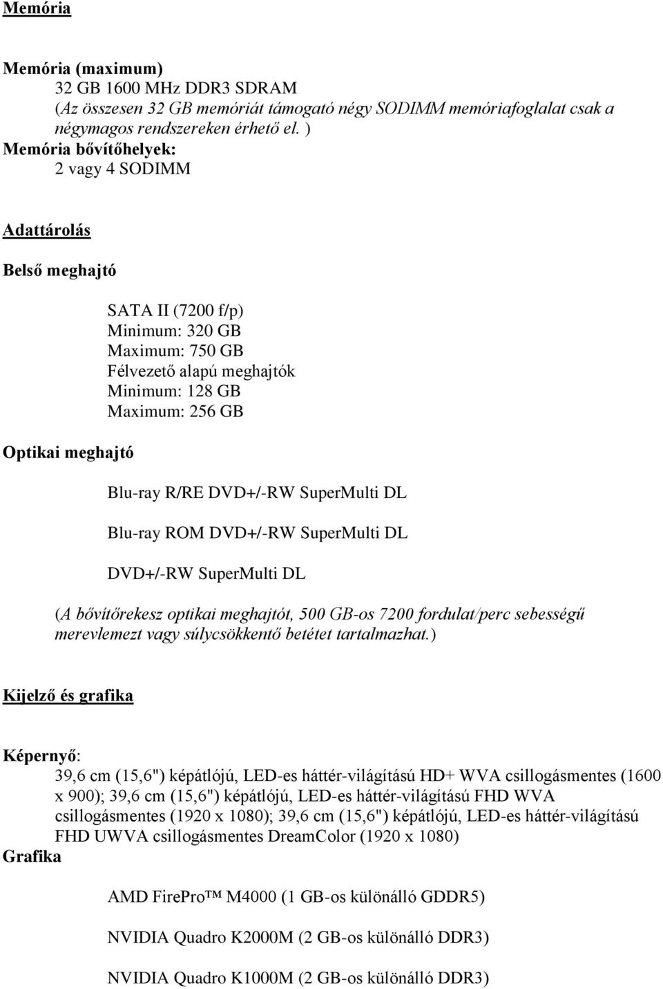 Blu-ray R/RE DVD+/-RW SuperMulti DL Blu-ray ROM DVD+/-RW SuperMulti DL DVD+/-RW SuperMulti DL (A bővítőrekesz optikai meghajtót, 500 GB-os 7200 fordulat/perc sebességű merevlemezt vagy súlycsökkentő