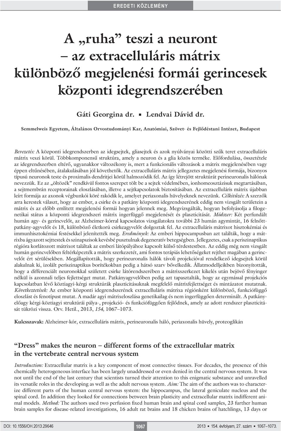 teret extracelluláris mátrix veszi körül. Többkomponensű struktúra, amely a neuron és a glia közös terméke.