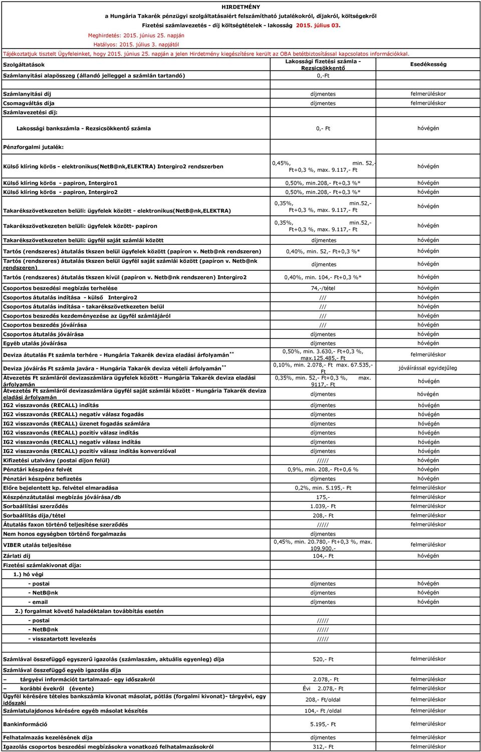 felszámítható jutalékokról, díjakról, költségekről Fizetési számlavezetés díj költségtételek lakosság 2015. július 03.
