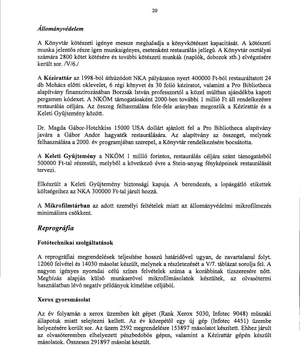 / A Kézirattár az 1998-ból áthúzódott NKA pályázaton nyert 400000 Ft-ból restauráltatott 24 db Mohács előtti oklevelet, 6 régi könyvet és 30 fólió kéziratot, valamint a Pro Bibliotheca alapítvány