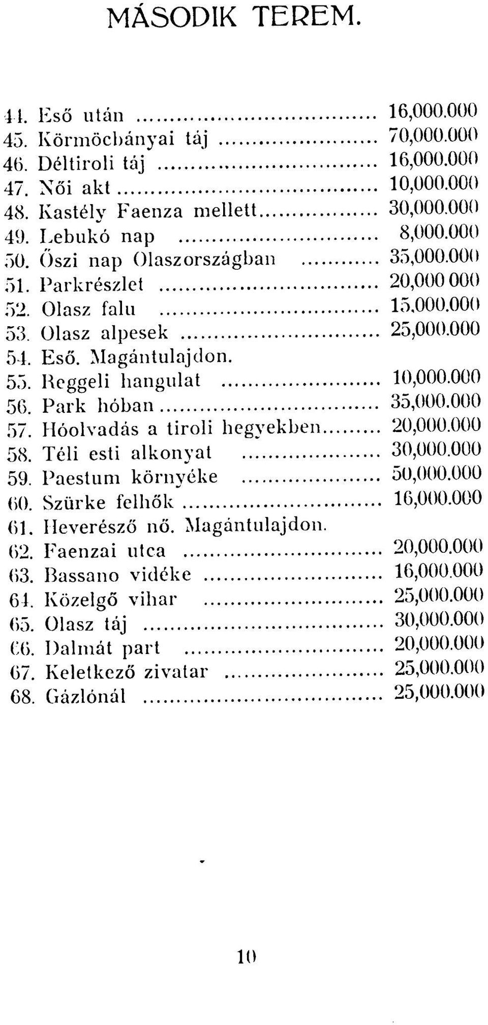 Park hóban 35,000.000 57. Hóolvadás a tiroli hegyekben 20,000.000 58. Téli esti alkonyat 30,000.000 59. Paestum környéke 50,000.000 60. Szürke felhők 16,000.000 61. Heverésző nő.