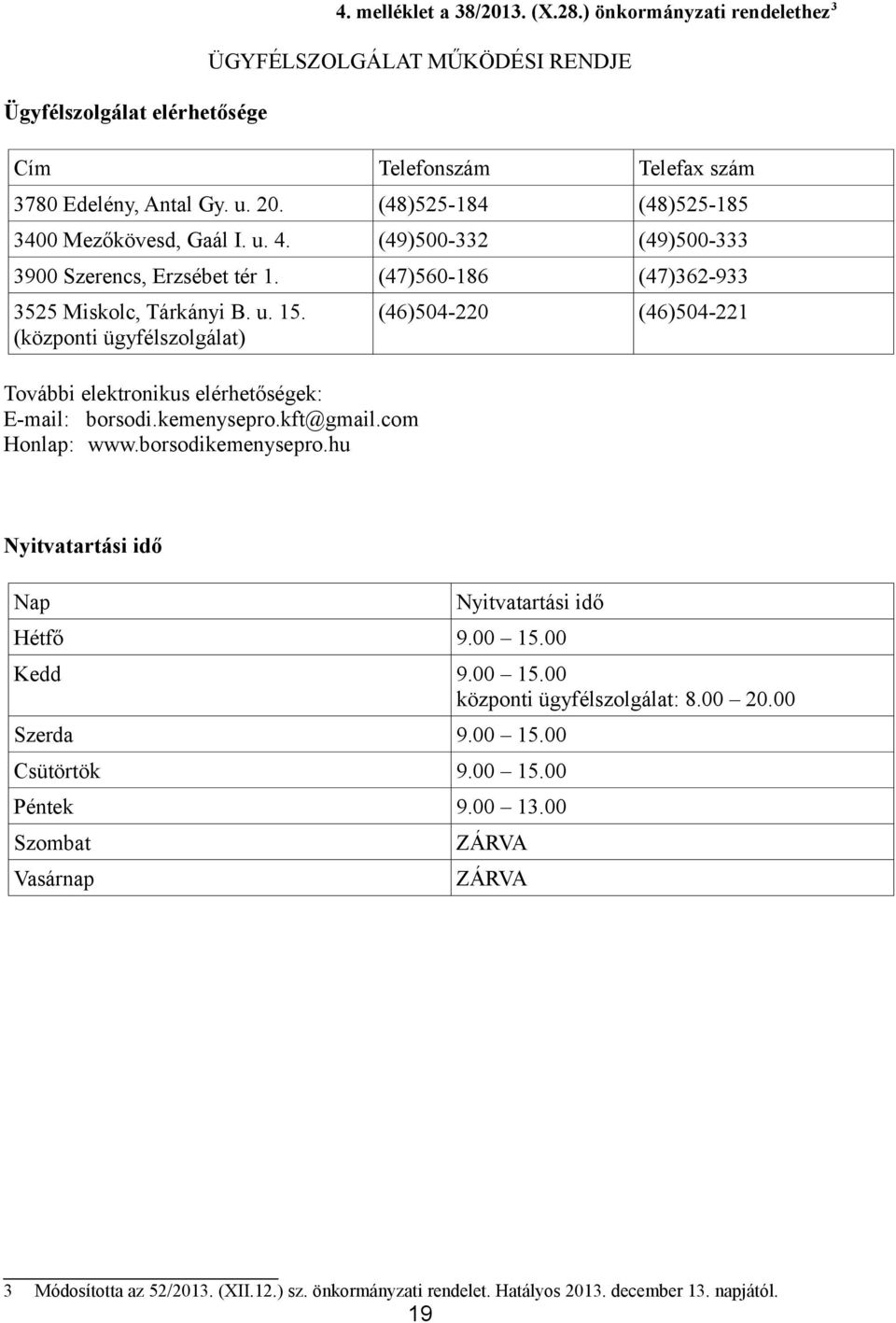 (központi ügyfélszolgálat) További elektronikus elérhetőségek: E-mail: borsodi.kemenysepro.kft@gmail.com Honlap: www.borsodikemenysepro.