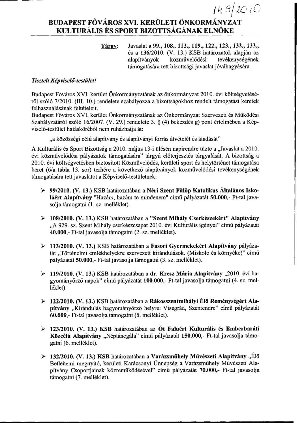 Budapest Főváros XVI. kerület Önkormányzatának az önkormányzat 2010. évi költségvetéséről szóló 7/2010. (III. 10.