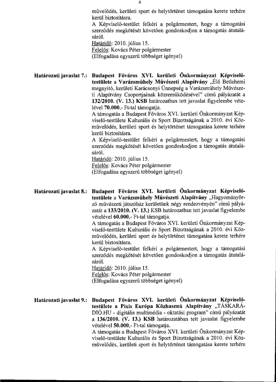 című pályázatát a 132/2010. (V 13.) KSB határozatban tett javaslat figyelembe vételével 70.000,- Ft-tal támogatja. Határozati javaslat 8.: Budapest Főváros XVI.