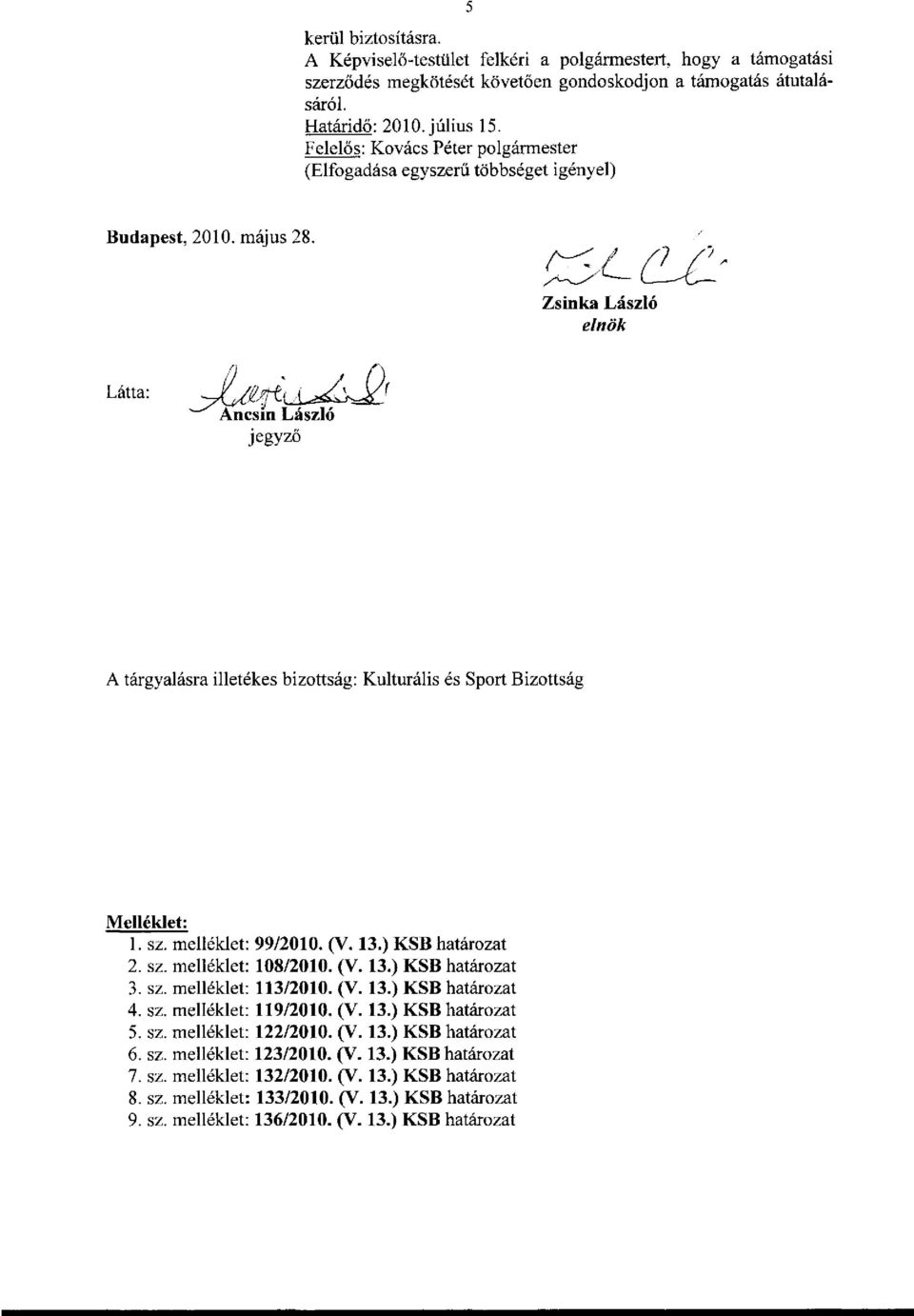 (V. 13.) KSB határozat 5. sz. melléklet: 122/2010. (V. 13.) KSB határozat 6. sz. melléklet: 123/2010. (V. 13.) KSB határozat 7. sz. melléklet: 132/2010.