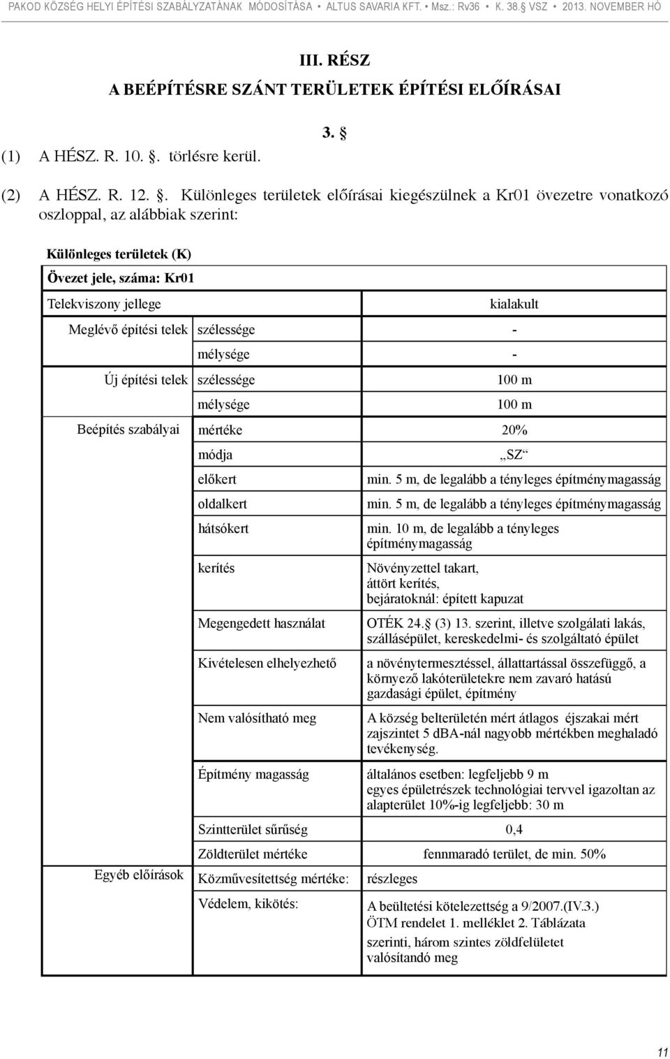 építési telek szélessége - mélysége - Új építési telek szélessége mélysége 100 m 100 m Beépítés szabályai mértéke 20% módja előkert oldalkert hátsókert kerítés Megengedett használat Kivételesen