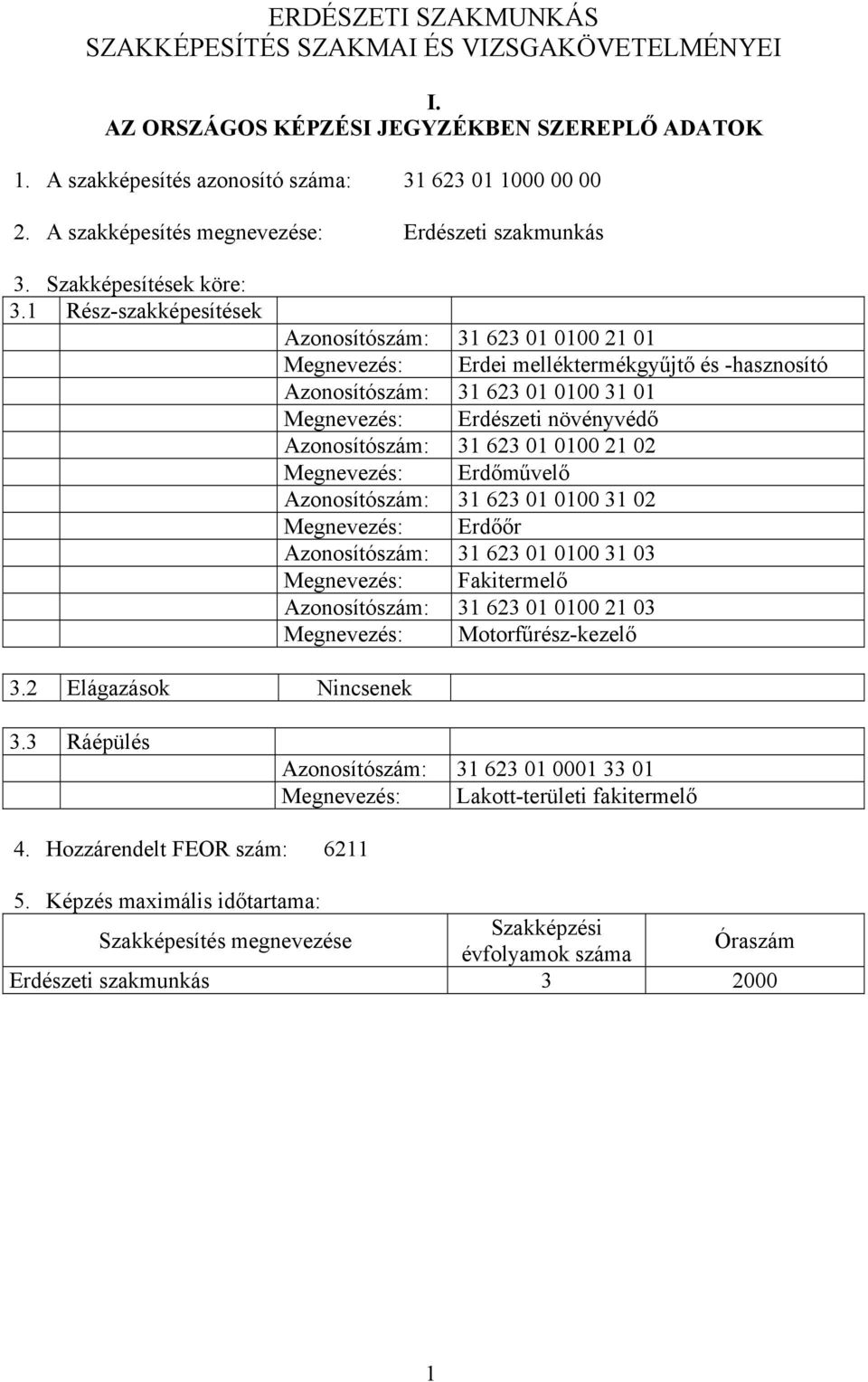 1 Rész-szakképesítések zonosítószám: 31 623 01 0100 21 01 Megnevezés: Erdei melléktermékgyűjtő és -hasznosító zonosítószám: 31 623 01 0100 31 01 Megnevezés: Erdészeti növényvédő zonosítószám: 31 623