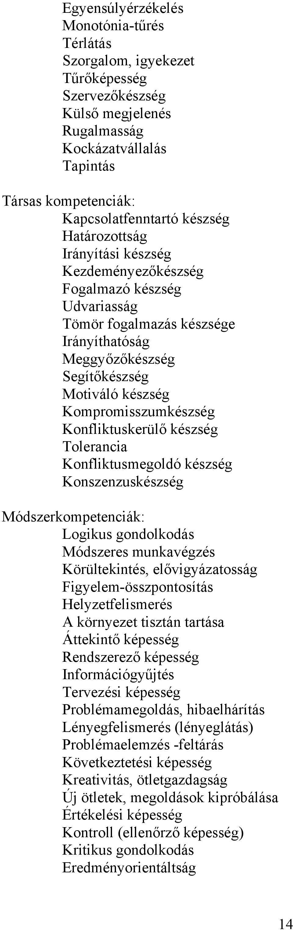 Konfliktuskerülő készség Tolerancia Konfliktusmegoldó készség Konszenzuskészség Módszerkompetenciák: Logikus gondolkodás Módszeres munkavégzés Körültekintés, elővigyázatosság Figyelem-összpontosítás