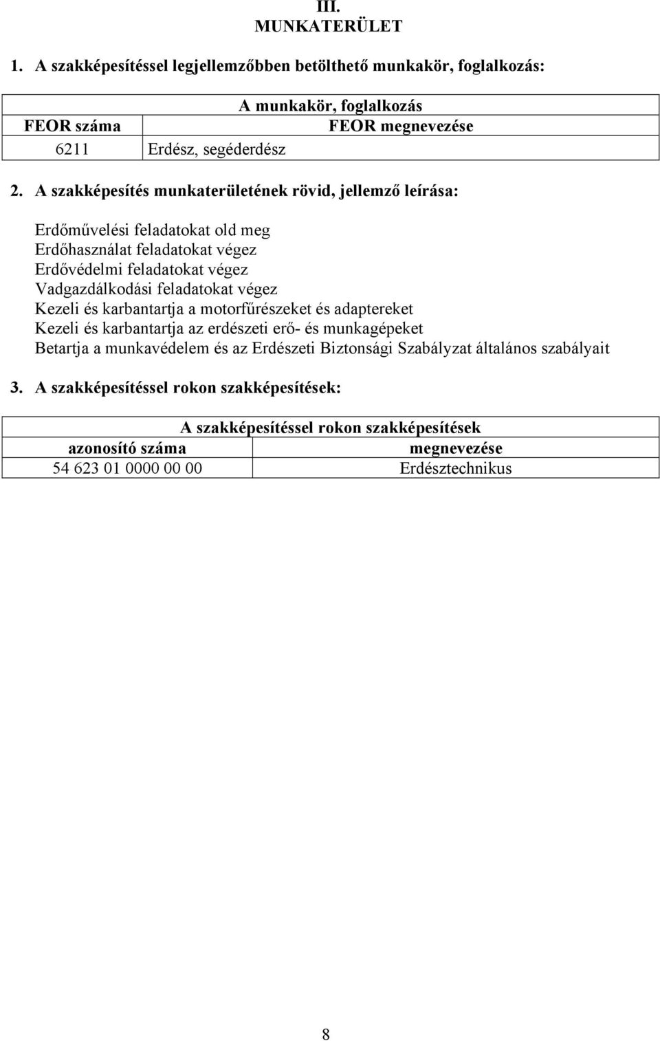 feladatokat végez Kezeli és karbantartja a motorfűrészeket és adaptereket Kezeli és karbantartja az erdészeti erő- és munkagépeket Betartja a munkavédelem és az Erdészeti