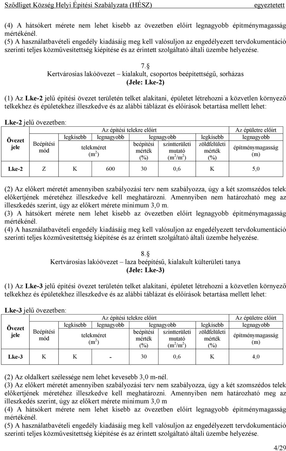 épületekhez illeszkedve és az alábbi táblázat és előírások betartása mellett lehet: Lke-2 jelű övezetben: Lke-2 Z K 600 30 0,6 K 5,0 (2) Az előkert méretét amennyiben szabályozási terv nem
