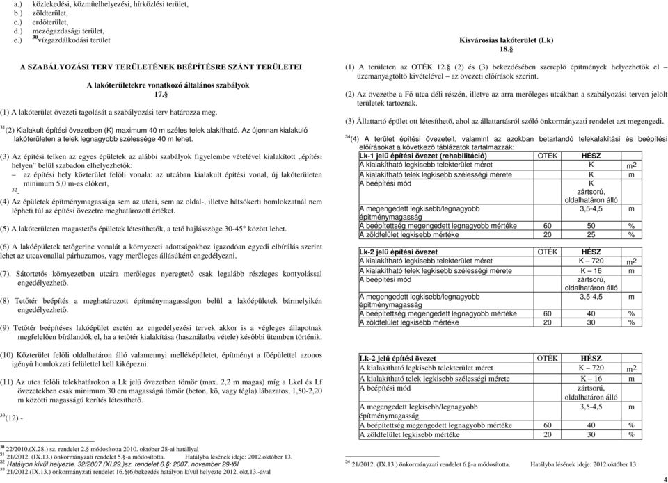 31 (2) Kialakult építési övezetben (K) maximum 40 m széles telek alakítható. Az újonnan kialakuló lakóterületen a telek legnagyobb szélessége 40 m lehet.