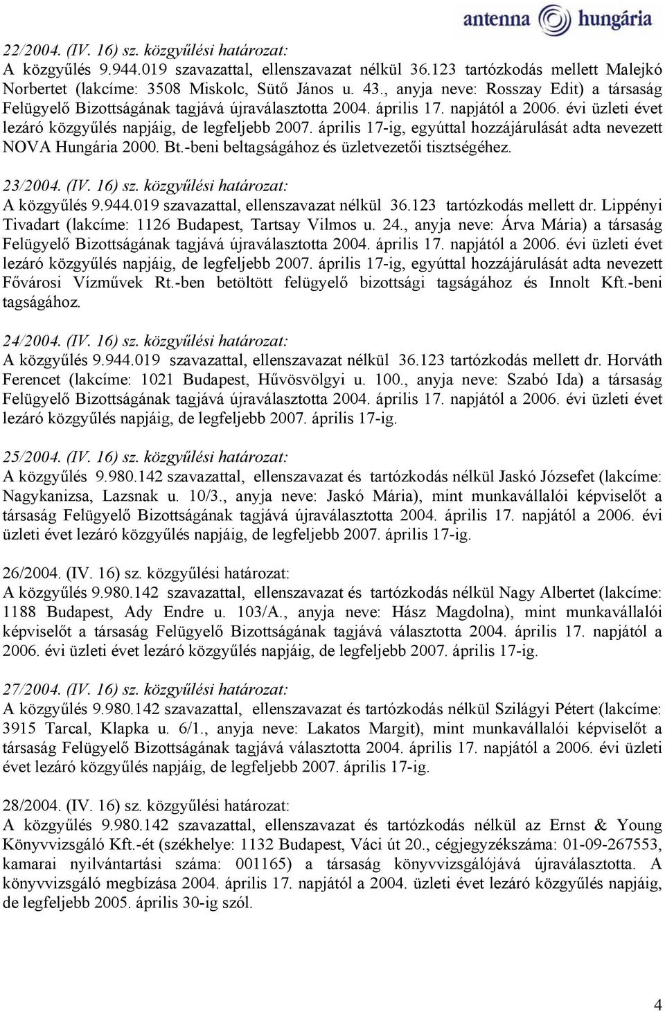 -beni beltagságához és üzletvezetői tisztségéhez. 23/2004. (IV. 16) sz. közgyűlési határozat: A közgyűlés 9.944.019 szavazattal, ellenszavazat nélkül 36.123 tartózkodás mellett dr.