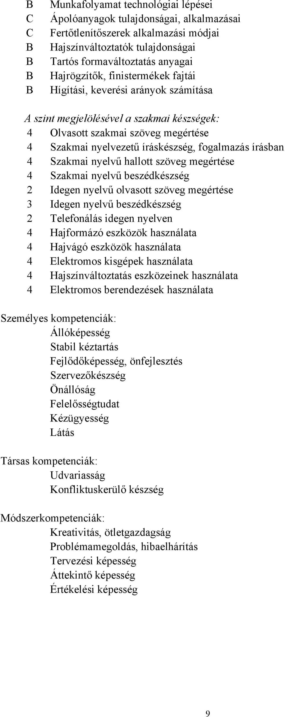 írásban 4 Szakmai nyelvű hallott szöveg megértése 4 Szakmai nyelvű beszédkészség 2 Idegen nyelvű olvasott szöveg megértése 3 Idegen nyelvű beszédkészség 2 Telefonálás idegen nyelven 4 Hajformázó