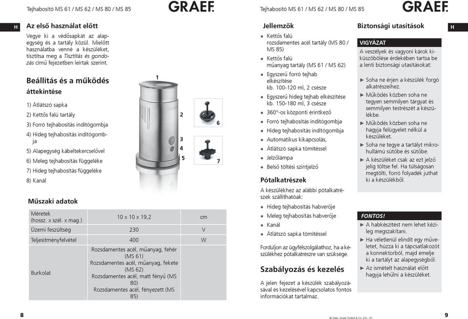 Beállítás és a működés áttekintése 1) Átlátszó sapka 2) Kettős falú tartály 3) Forró tejhabosítás indítógombja 4) ideg tejhabosítás indítógombja 5) Alapegység kábeltekercselővel 6) Meleg tejhabosítás