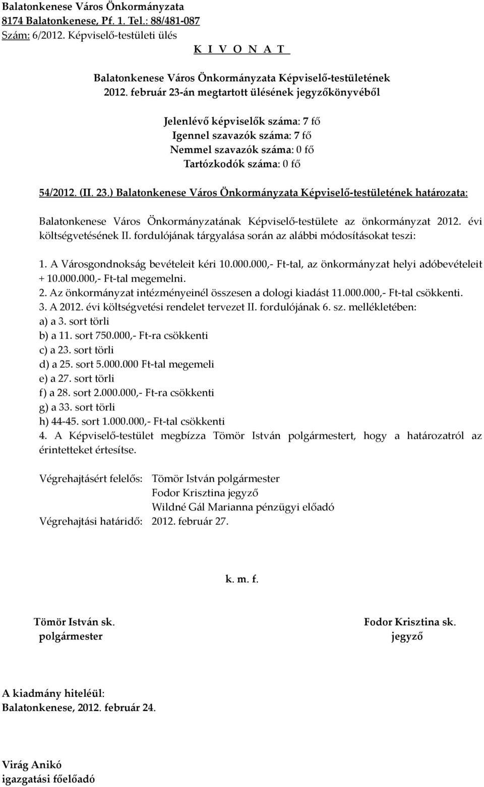 Az önkormányzat intézményeinél összesen a dologi kiadást 11.000.000,- Ft-tal csökkenti. 3. A 2012. évi költségvetési rendelet tervezet II. fordulójának 6. sz. mellékletében: a) a 3.