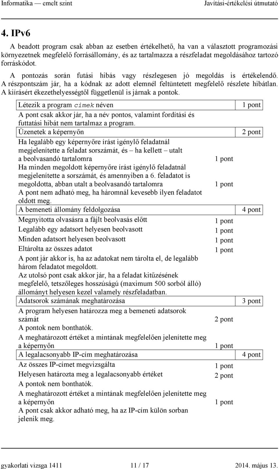 A kiírásért ékezethelyességtől függetlenül is járnak a pontok. Létezik a program cimek néven A pont csak akkor jár, ha a név pontos, valamint fordítási és futtatási hibát nem tartalmaz a program.