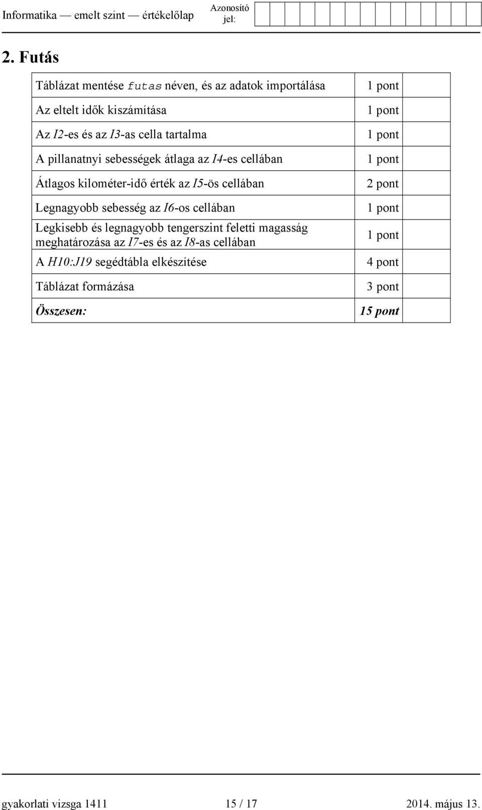 pillanatnyi sebességek átlaga az I4-es cellában Átlagos kilométer-idő érték az I5-ös cellában Legnagyobb sebesség az I6-os