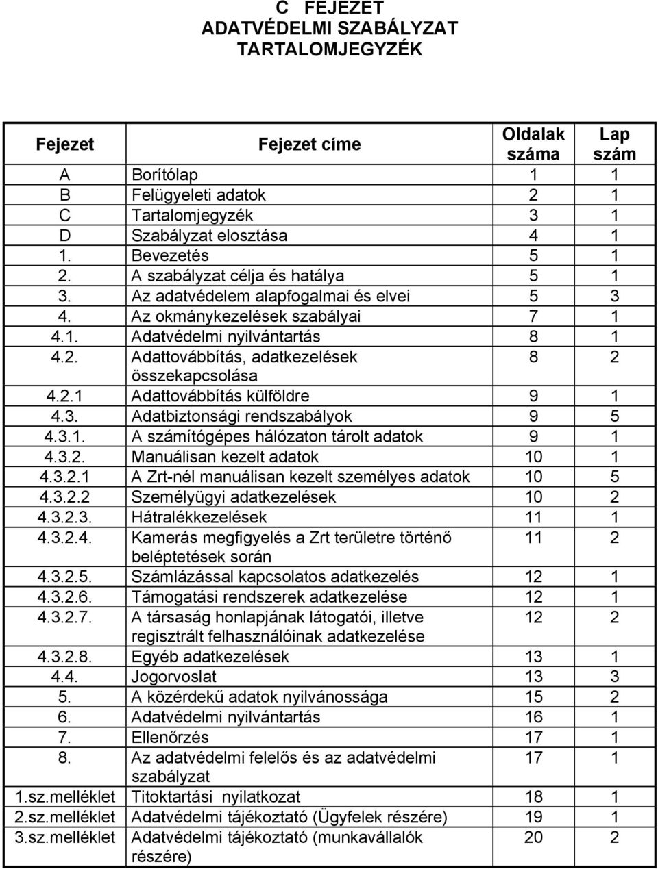 2.1 Adattovábbítás külföldre 9 1 4.3. Adatbiztonsági rendszabályok 9 5 4.3.1. A számítógépes hálózaton tárolt adatok 9 1 4.3.2. Manuálisan kezelt adatok 10 1 4.3.2.1 A Zrt-nél manuálisan kezelt személyes adatok 10 5 4.