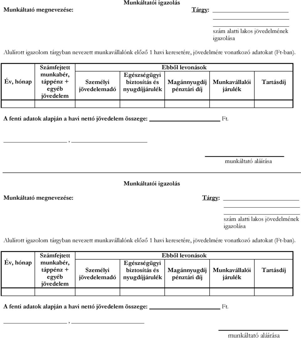 Év, hónap Számfejtett munkabér, táppénz + egyéb jövedelem Személyi jövedelemadó Egészségügyi biztosítás és nyugdíjjárulék Ebből levonások Magánnyugdíj pénztári díj Munkavállalói járulék Tartásdíj A