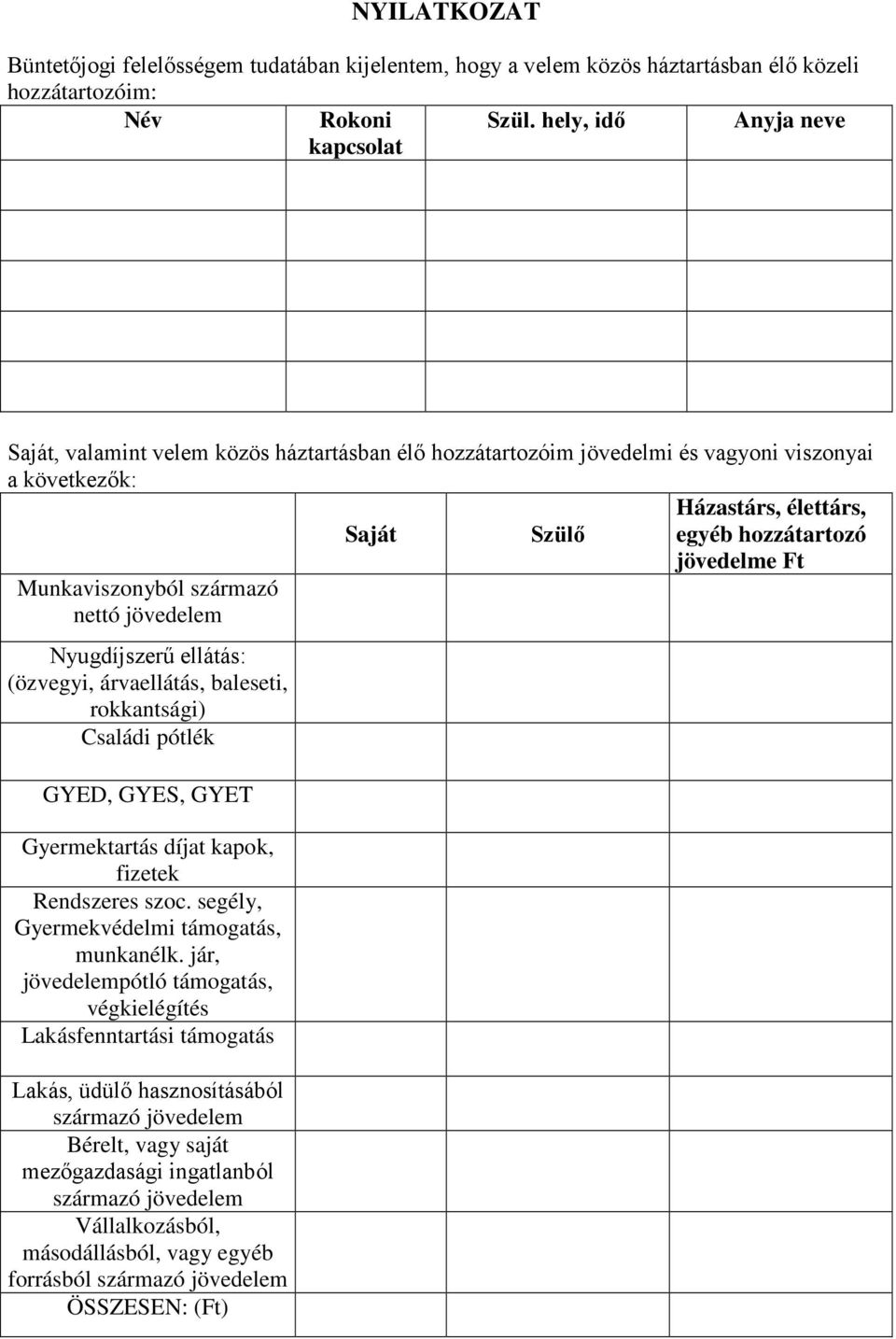 Munkaviszonyból származó nettó jövedelem Nyugdíjszerű ellátás: (özvegyi, árvaellátás, baleseti, rokkantsági) Családi pótlék GYED, GYES, GYET Gyermektartás díjat kapok, fizetek Rendszeres szoc.