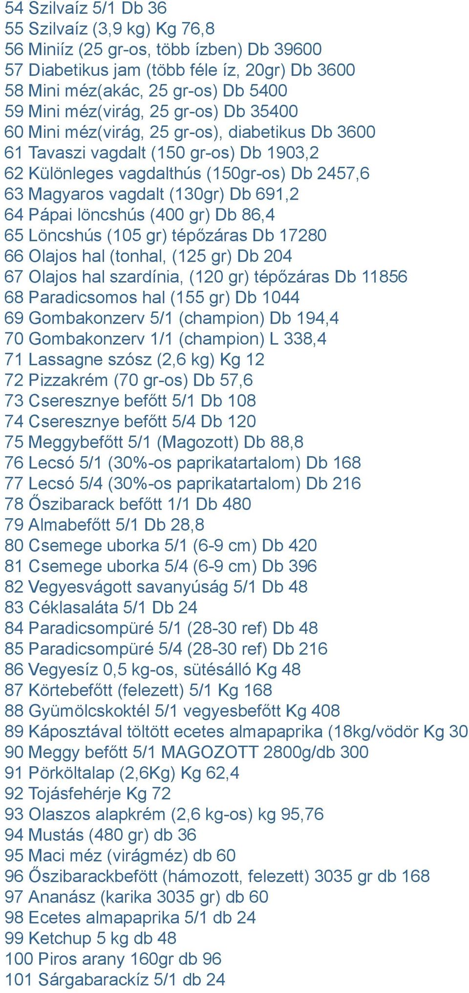 löncshús (400 gr) Db 86,4 65 Löncshús (105 gr) tépőzáras Db 17280 66 Olajos hal (tonhal, (125 gr) Db 204 67 Olajos hal szardínia, (120 gr) tépőzáras Db 11856 68 Paradicsomos hal (155 gr) Db 1044 69