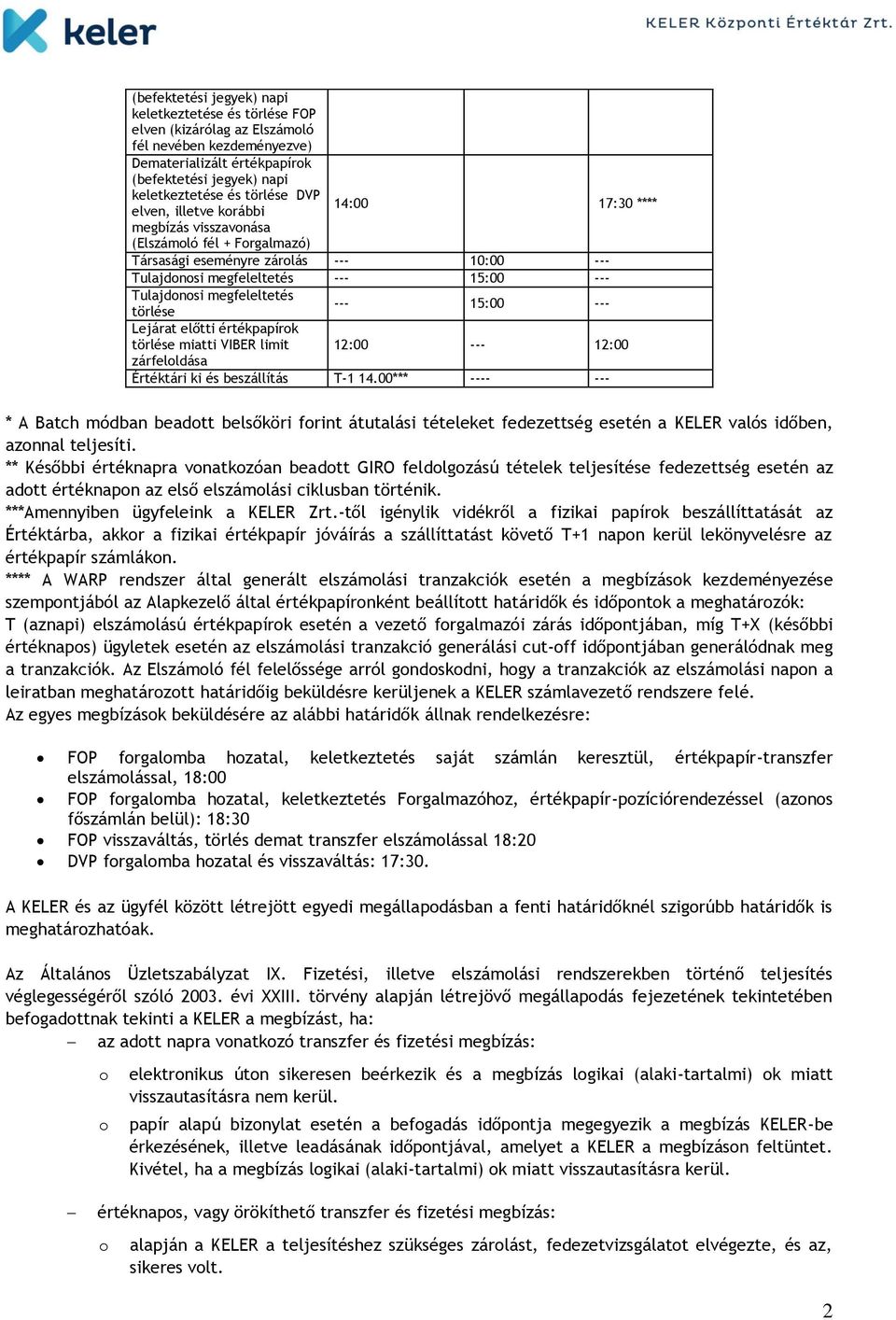 törlése --- 15:00 --- Lejárat előtti értékpapírok törlése miatti VIBER limit 12:00 --- 12:00 zárfeloldása Értéktári ki és beszállítás T-1 14.