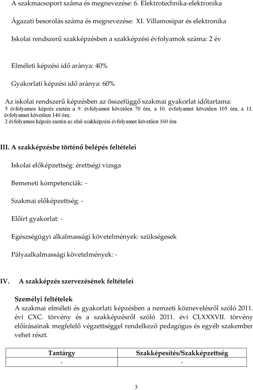 összefüggő szakmai gyakorlat időtartama: 5 évfolyamos képzés esetén a 9. évfolyamot követően 70 óra, a 10. évfolyamot követően 105 óra, a 11.