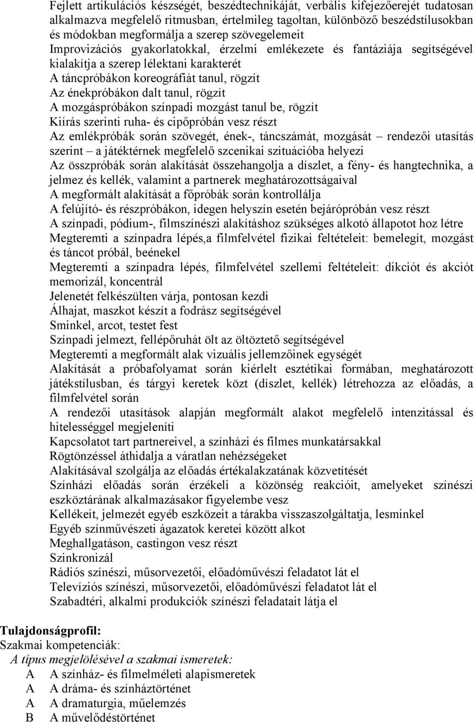 tanul, rögzít A mozgáspróbákon színpadi mozgást tanul be, rögzít Kiírás szerinti ruha- és cipőpróbán vesz részt Az emlékpróbák során szövegét, ének-, táncszámát, mozgását rendezői utasítás szerint a