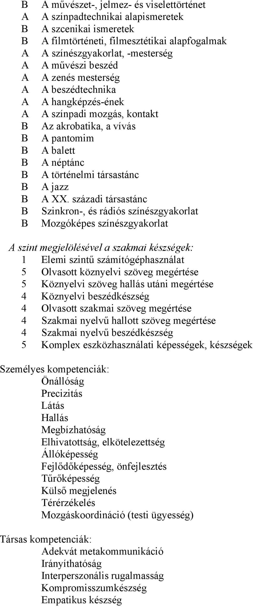 századi társastánc Szinkron-, és rádiós színészgyakorlat Mozgóképes színészgyakorlat A szint megjelölésével a szakmai készségek: 1 Elemi szintű számítógéphasználat 5 Olvasott köznyelvi szöveg