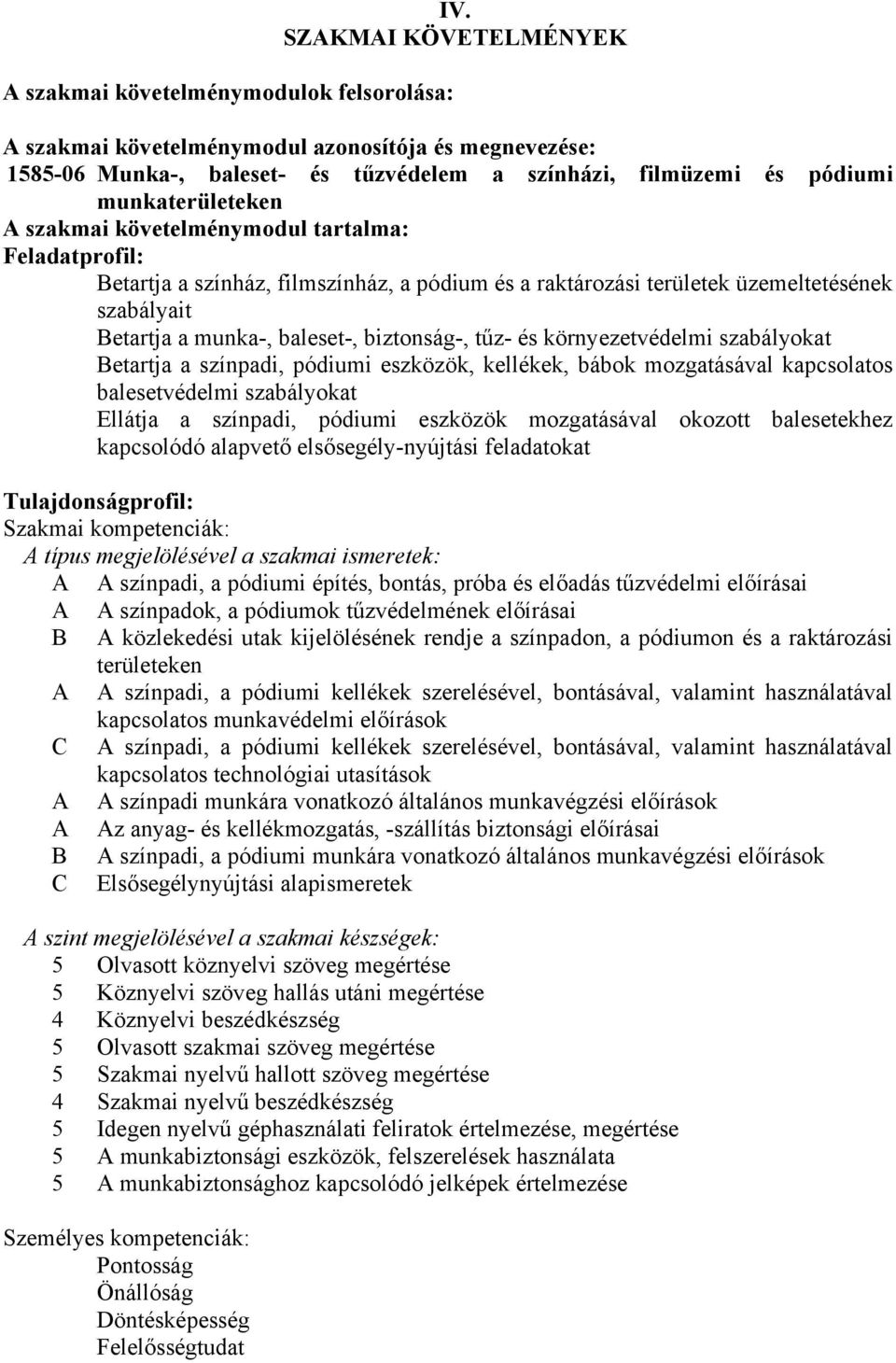 tartalma: Feladatprofil: Betartja a színház, filmszínház, a pódium és a raktározási területek üzemeltetésének szabályait Betartja a munka-, baleset-, biztonság-, tűz- és környezetvédelmi szabályokat
