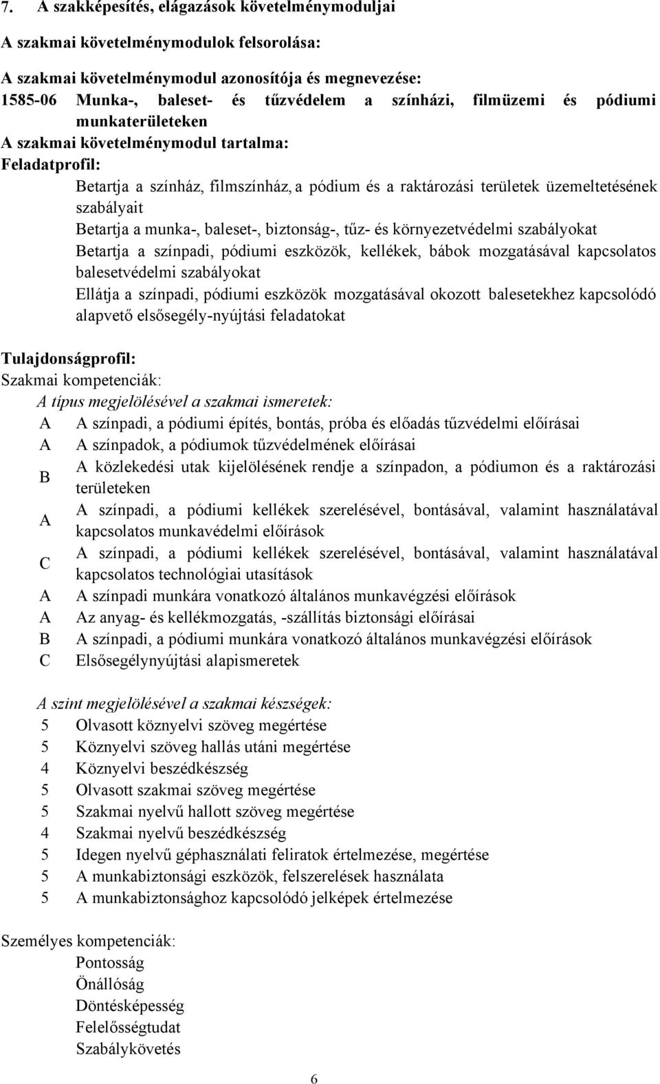 munka-, baleset-, biztonság-, tűz- és környezetvédelmi szabályokat Betartja a színpadi, pódiumi eszközök, kellékek, bábok mozgatásával kapcsolatos balesetvédelmi szabályokat Ellátja a színpadi,