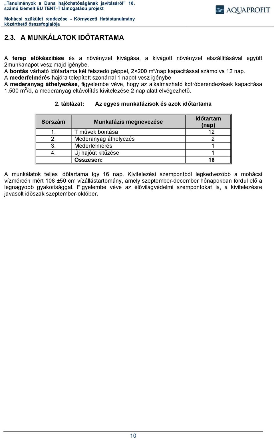 A mederfelmérés hajóra telepített szonárral 1 napot vesz igénybe A mederanyag áthelyezése, figyelembe véve, hogy az alkalmazható kotróberendezések kapacitása 1.