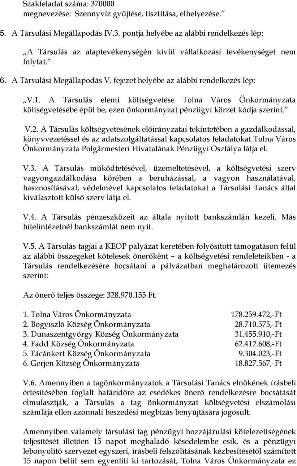 A Társulás elemi költségvetése Tolna Város Önkormányzata költségvetésébe épül be, ezen önkormányzat pénzügyi körzet kódja szerint. V.2.