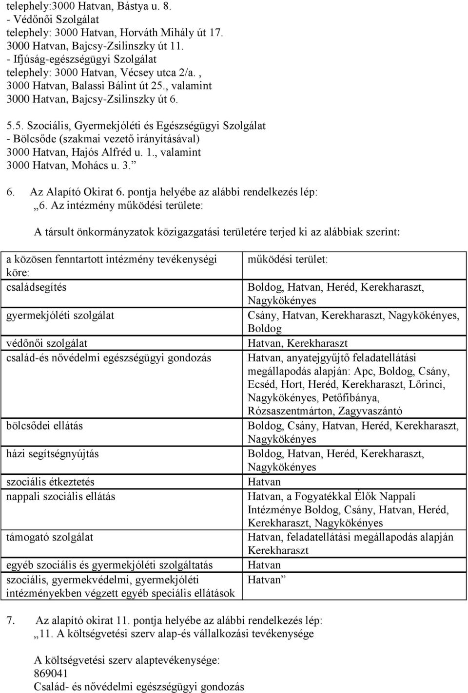 , valamint 3000 Hatvan, Bajcsy-Zsilinszky út 6. 5.5. Szociális, Gyermekjóléti és Egészségügyi Szolgálat - Bölcsőde (szakmai vezető irányításával) 3000 Hatvan, Hajós Alfréd u. 1.