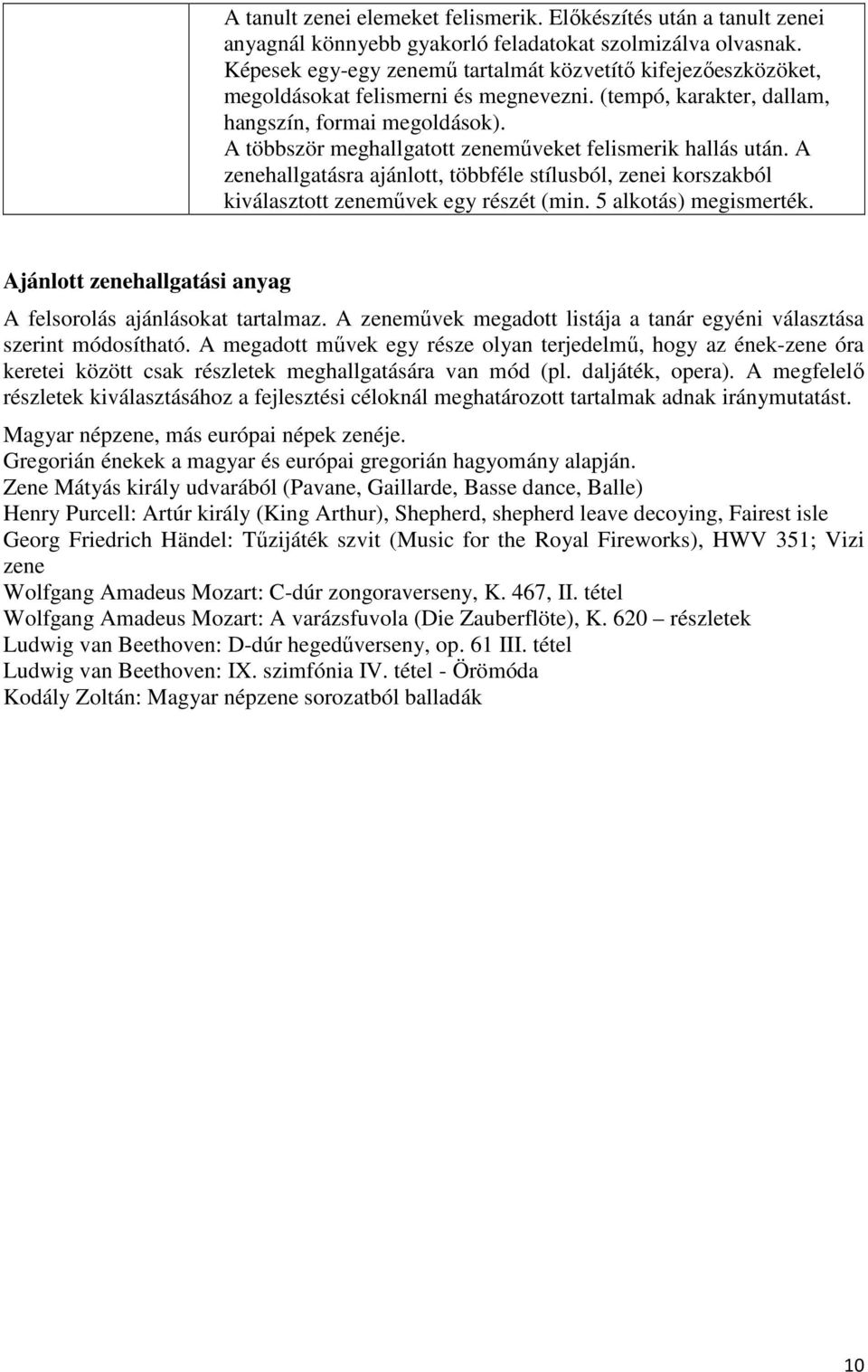 A többször meghallgatott zeneműveket felismerik hallás után. A zenehallgatásra ajánlott, többféle stílusból, zenei korszakból kiválasztott zeneművek egy részét (min. 5 alkotás) megismerték.