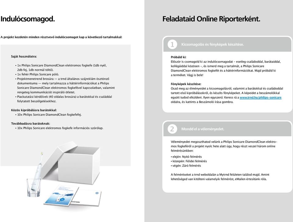 Projektmenetrend brosúra a trnd általános szájreklám ösztönző dokumentuma mely tartalmazza a háttérinformációkat a Philips Sonicare DiamondClean elektromos fogkefével kapcsolatban, valamint rengeteg