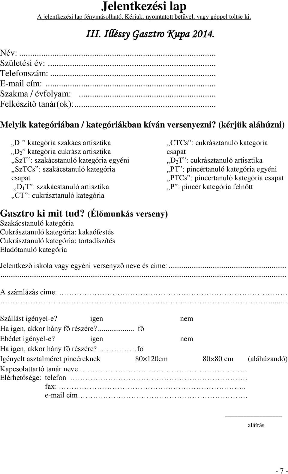 (kérjük aláhúzni) D 1 kategória szakács artisztika D 2 kategória cukrász artisztika SzT : szakácstanuló kategória egyéni SzTCs : szakácstanuló kategória csapat D 1 T : szakácstanuló artisztika CT :