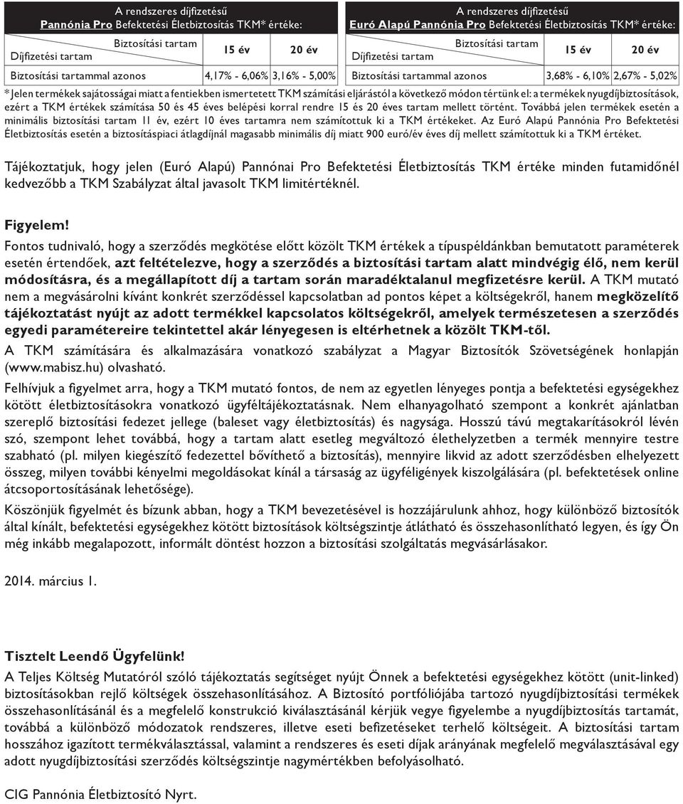 termékek sajátosságai miatt a fentiekben ismertetett TKM számítási eljárástól a következő módon tértünk el: a termékek nyugdíjbiztosítások, ezért a TKM értékek számítása 50 és 45 éves belépési korral