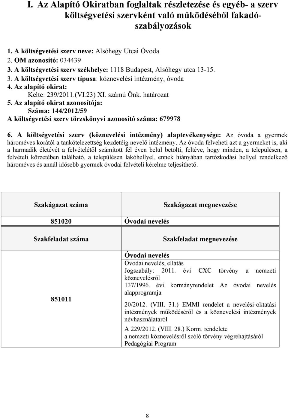 23) XI. számú Önk. határozat 5. Az alapító okirat azonosítója: Száma: 144/2012/59 A költségvetési szerv törzskönyvi azonosító száma: 679978 6.