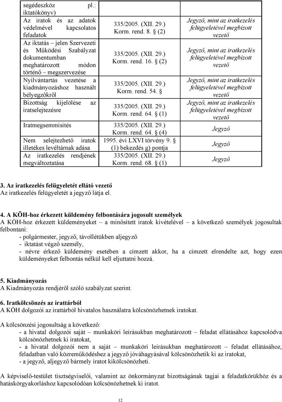 vezetése a kiadmányozáshoz használt bélyegzőkről Bizottság kijelölése az iratselejtezésre Korm. rend. 8. (2) Korm. rend. 16. (2) Korm. rend. 54. Korm. rend. 64. (1) Iratmegsemmisítés Korm. rend. 64. (4) Nem selejtezhető iratok 1995.