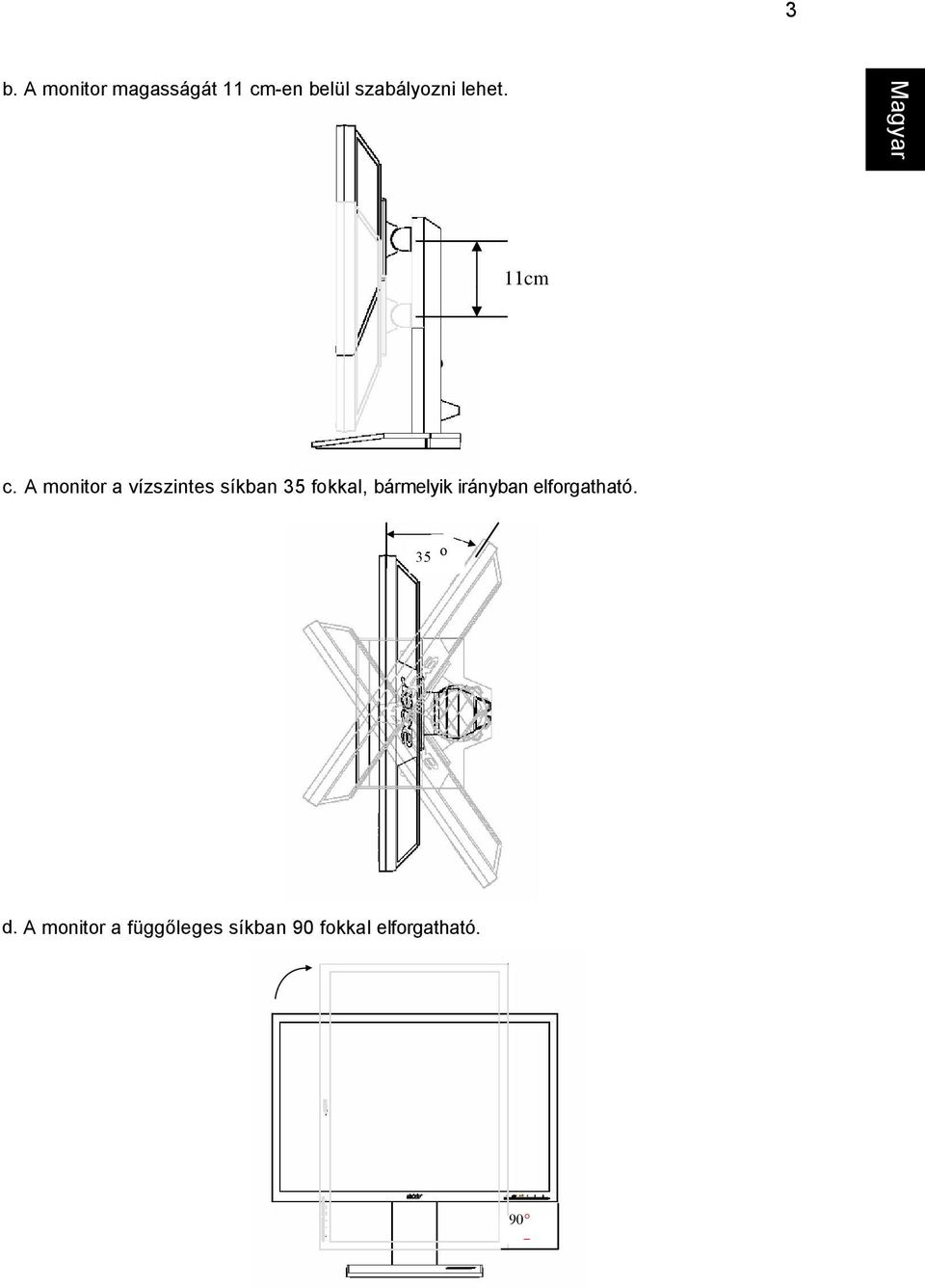 A monitor a vízszintes síkban 35 fokkal, bármelyik