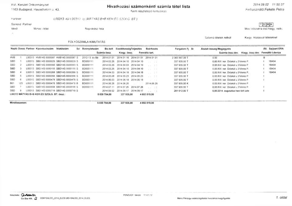 BT) Naprakész lista Mas időszakra eső kiegy nélki FOLYÓSZÁMLA KIMUTATÁS Sztornó tételek nélkül Kiegy iktatással tételekkel Napló Dossz Partner Kipontozószám Iktatószám Sz/ Bizonylatszám Biz.