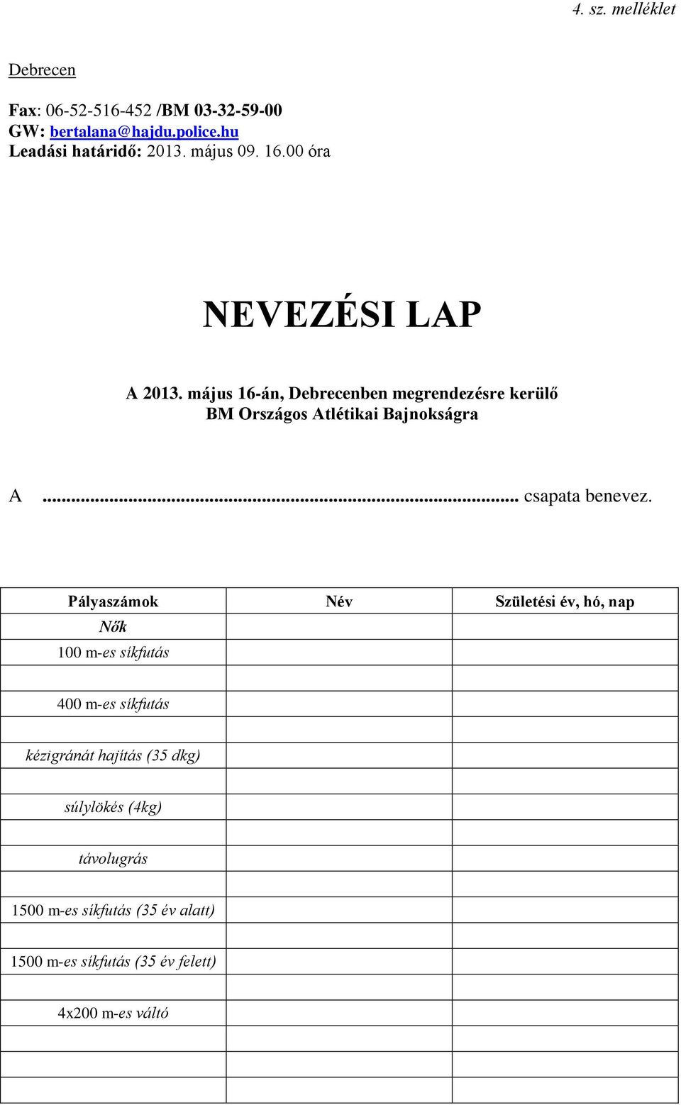 május 16-án, Debrecenben megrendezésre kerülő BM Országos Atlétikai Bajnokságra A... csapata benevez.