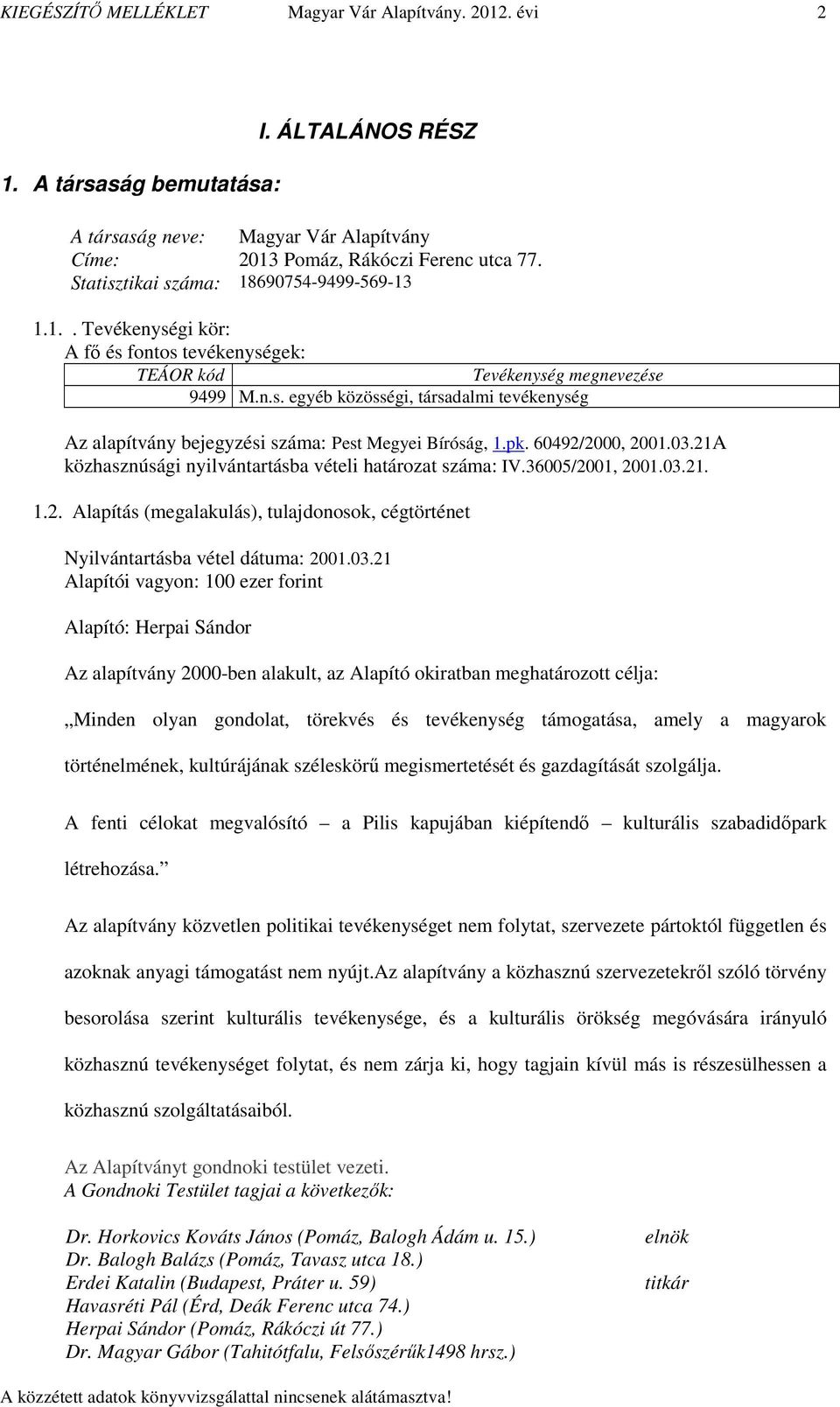 pk. 60492/2000, 2001.03.21A közhasznúsági nyilvántartásba vételi határozat száma: IV.36005/2001, 2001.03.21. 1.2. Alapítás (megalakulás), tulajdonosok, cégtörténet Nyilvántartásba vétel dátuma: 2001.
