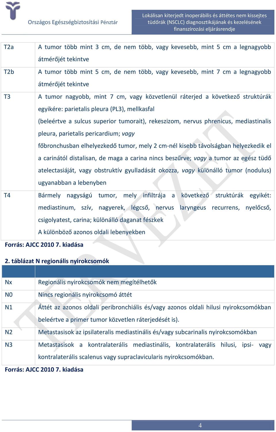 mediastinalis pleura, parietalis pericardium; vagy főbronchusban elhelyezkedő tumor, mely 2 cm-nél kisebb távolságban helyezkedik el a carinától distalisan, de maga a carina nincs beszűrve; vagy a